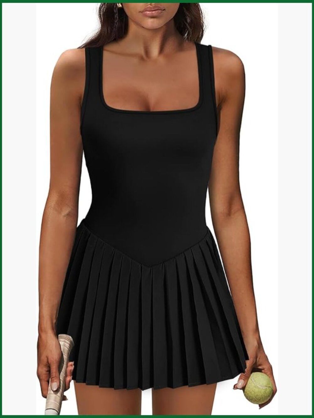 Athletic Dress with Built-in Shorts U Neck Pleated Sleeveless Tennis Golf Dress